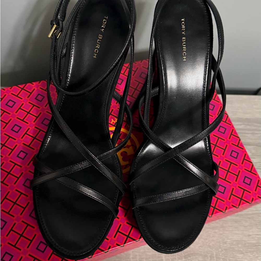 Tory Burch Black Strappy Leather Heeled Sandals